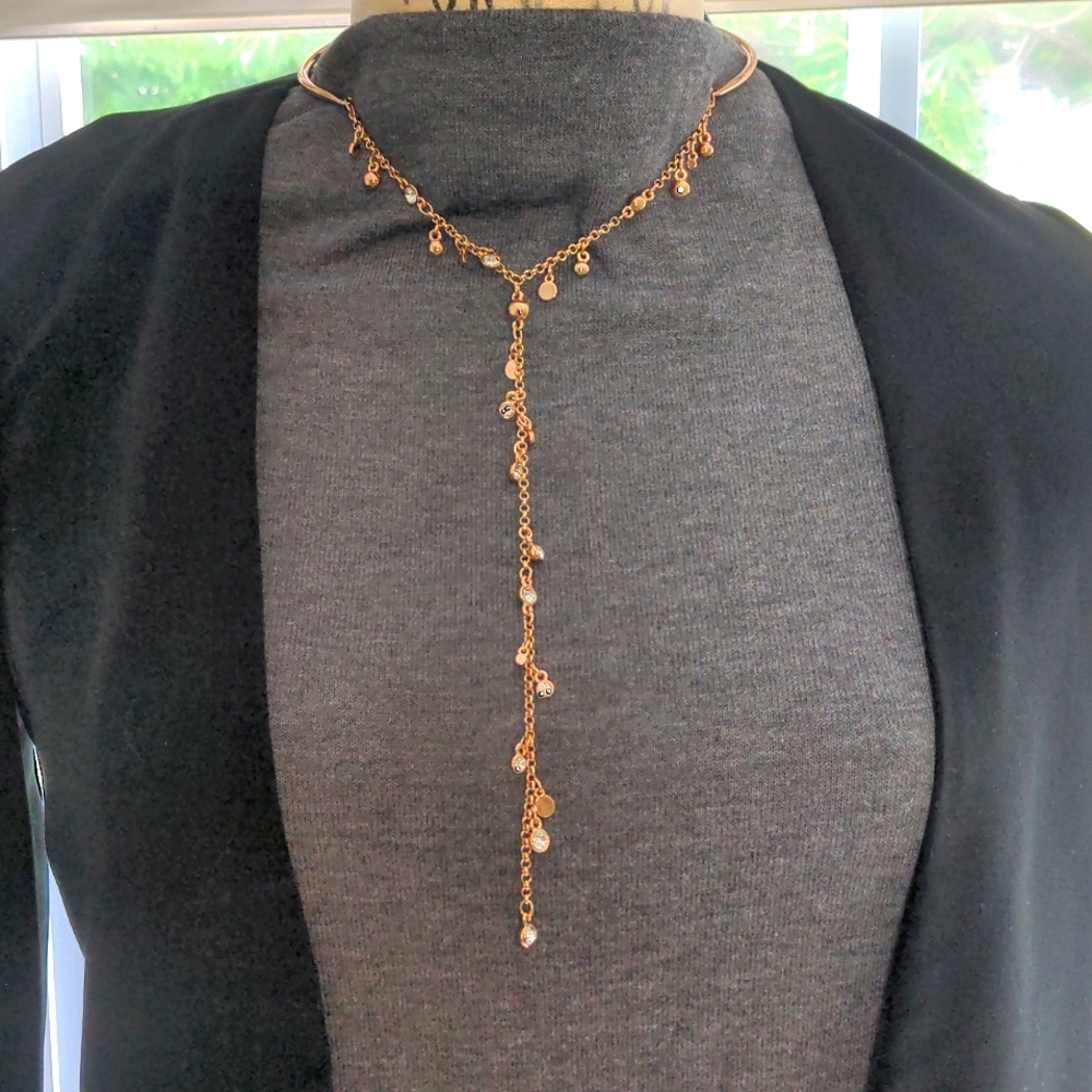 White House Black Market, Rose Gold, Lariat rhinestone necklace, Adjustable neck